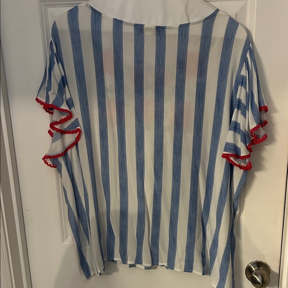 ANDREE BY UNIT Blue and White Striped Blouse with Red Floral Embroidery - Picture 6 of 8